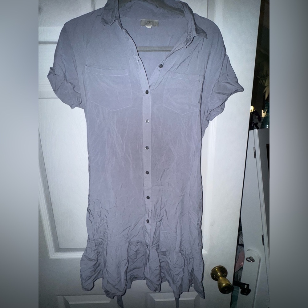 LOFT Purple Ruffled Buttoned Dress With Belt